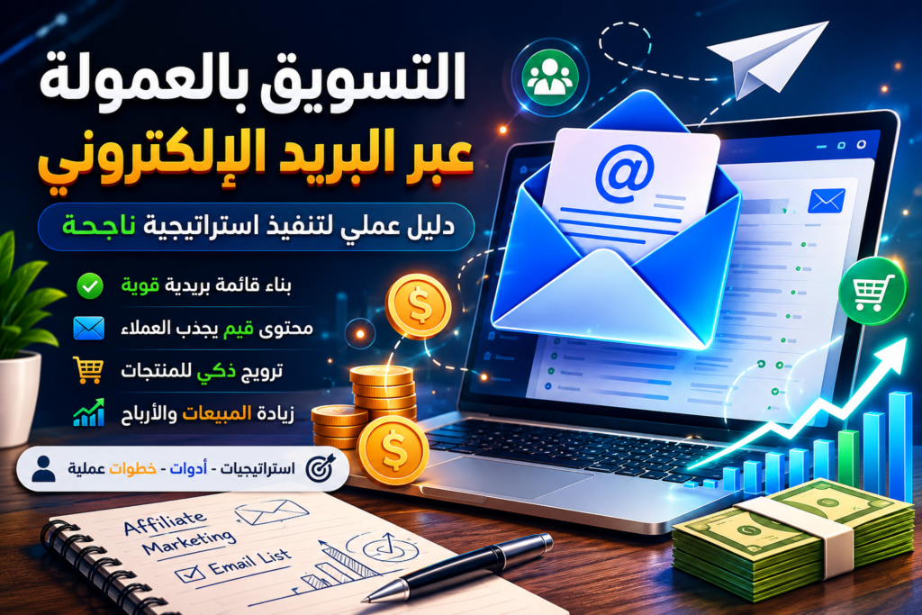 التسويق بالعمولة عبر البريد الإلكتروني مع لابتوب يعرض حملة بريدية، رسائل إلكترونية، رسوم بيانية صاعدة، وعناصر رقمية تمثل زيادة المبيعات والأرباح من التسويق الإلكتروني.