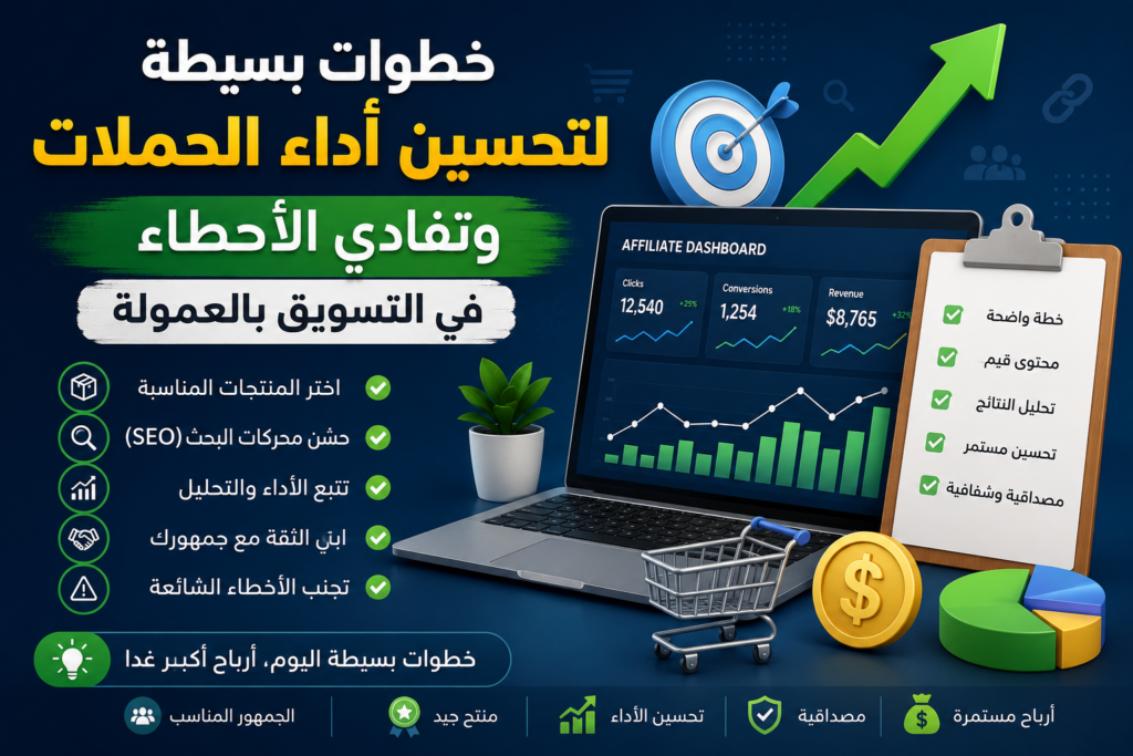 تصميم غلاف احترافي لمقال عن تحسين أداء حملات التسويق بالعمولة، يظهر لوحة تحكم تحليلية على شاشة حاسوب ورسوم بيانية صاعدة وقائمة مهام توضح اختيار المنتجات المناسبة وتحسين SEO وتتبع الأداء وبناء الثقة مع الجمهور.