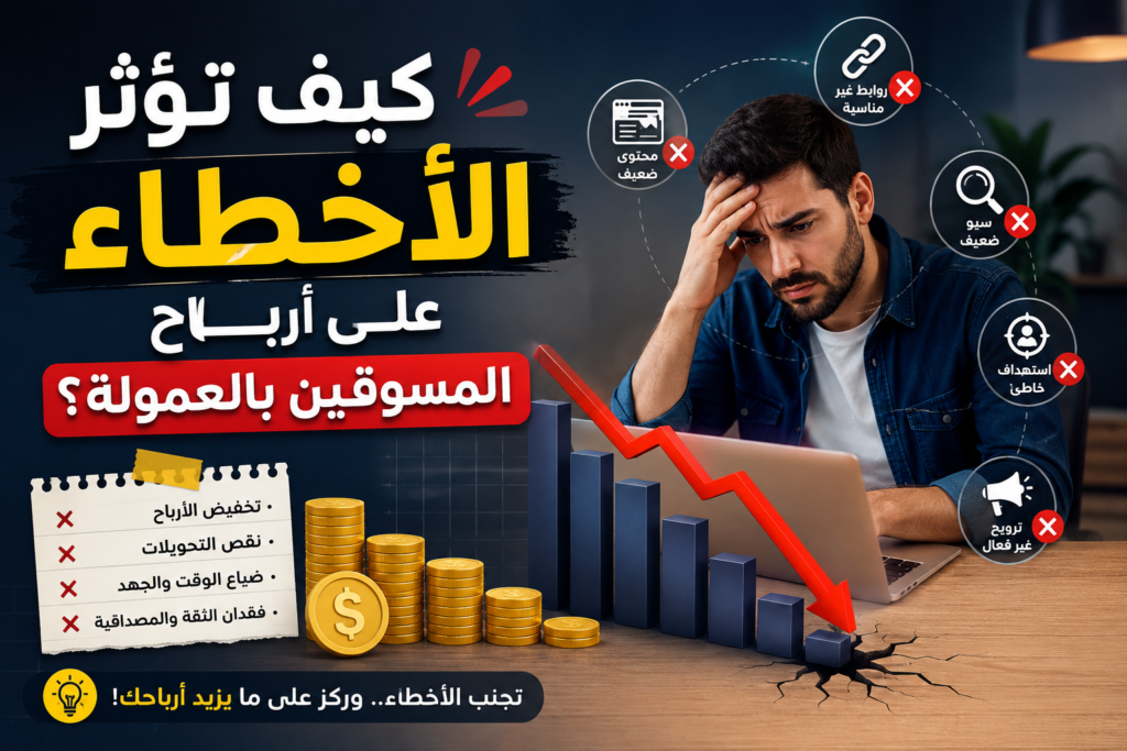 إنفوجرافيك يوضح تأثير أخطاء التسويق بالعمولة على الأرباح ومعدلات التحويل.
