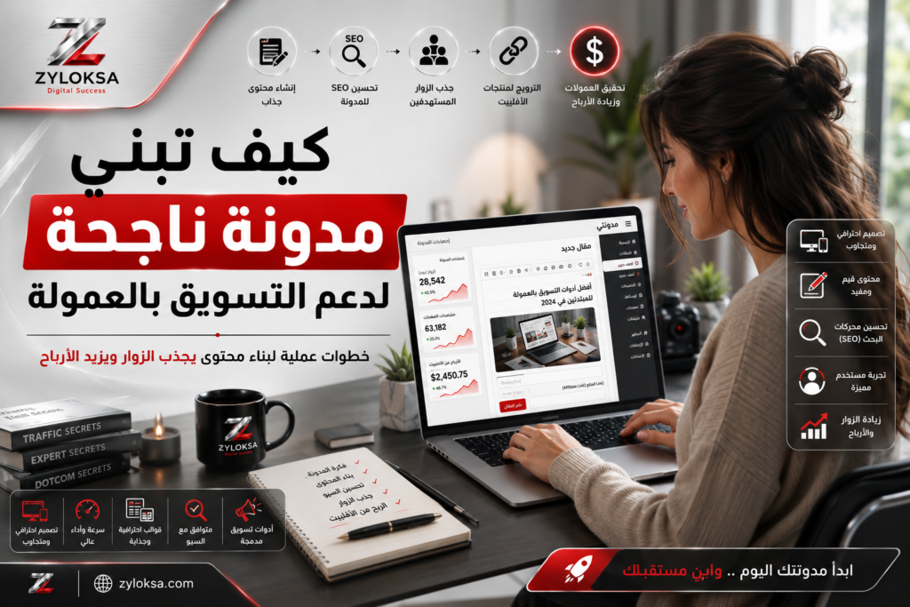 امرأة تعمل على إنشاء محتوى مدونة احترافية باستخدام جهاز لابتوب مع إحصائيات نمو الزوار والتسويق بالعمولة في بيئة عمل عصرية.